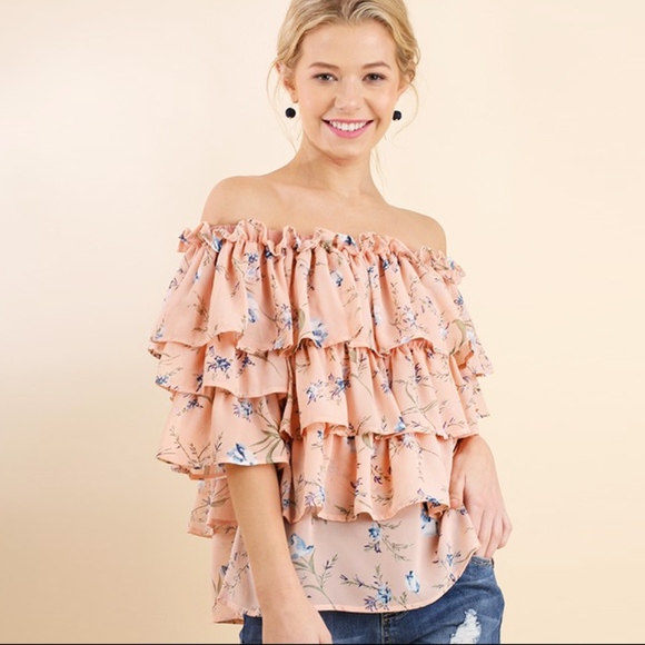 Tops - Layered Off-Shoulder Floral Print Blouse